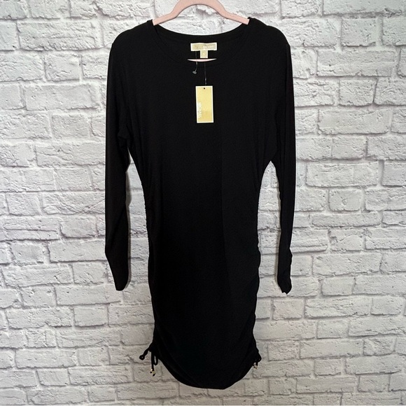 NWT Michael Michael Kors Black Long Sleeve Jersey Knit Ruched Mini Dress - Picture 4 of 14